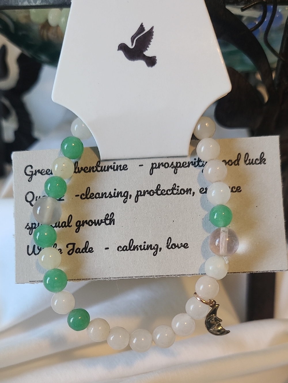 Grey Dove Creations Adventurine,White Jade Beaded Stretch Bracelet, Moon Charm